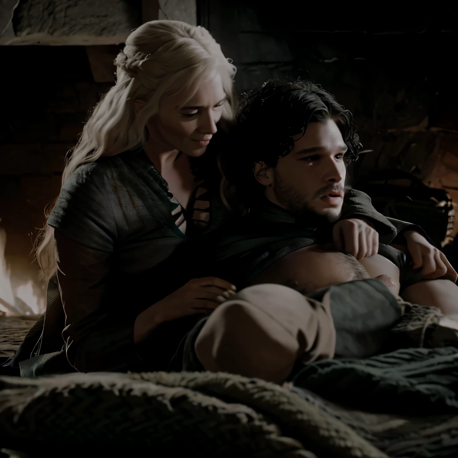 Jon Snow and a long haired Targaryen boy lay beneath a lit hearth. Their bodies are tangled together in a romantic mess.