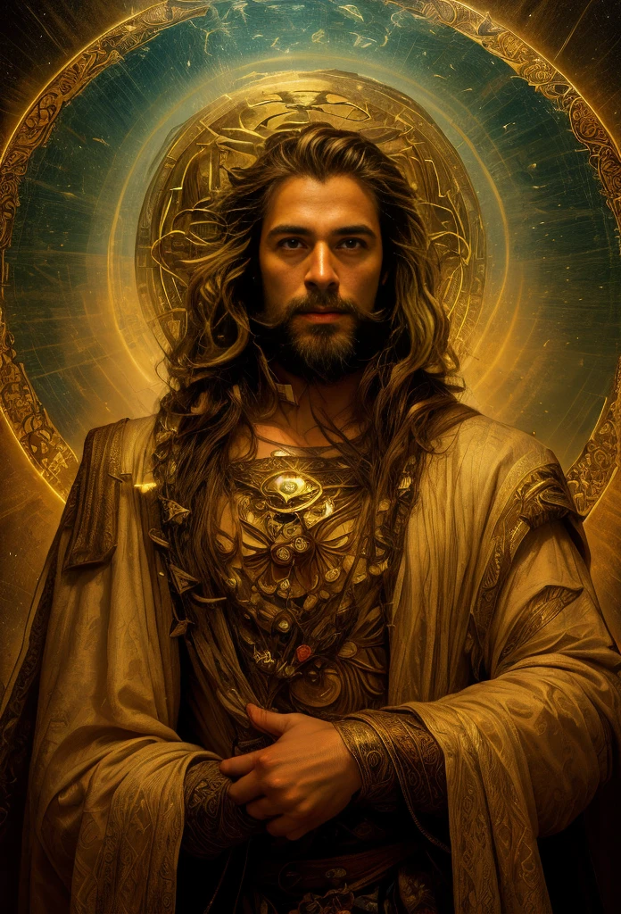 um retrato de(( um homem )) com barba, ((peitoral forte e largo))in high definition, em 8K de ((um homem)) de 18 anos, (( Homem)), Deus do Mar, Deus do Oceano, Luthien, arte de deus, Deus da mitologia grega, Deus da Lua, Deus do amor e da paz, deus bonito, Mitologia do Deus da Terra, o deus Eros, Um retrato impressionante de um deus, Frank Kelly Freas, Estilo Karol Bak, ((beautiful face)), Ultra Definition, melhor qualidade, 32k ultra , Ultra HD