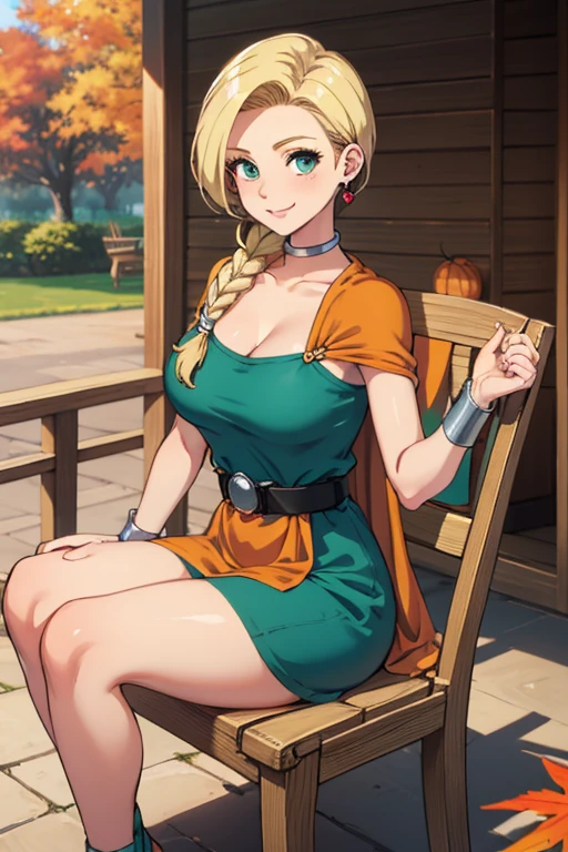 masterpiece, best quality, dqBianca, single braid, earrings, choker, orange cape, green dress, belt, looking at viewer, large breasts, sitting, chair, porch, autumn, smile 