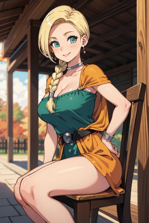 masterpiece, best quality, dqBianca, single braid, earrings, choker, orange cape, green dress, belt, looking at viewer, large breasts, sitting, chair, porch, autumn, smile 