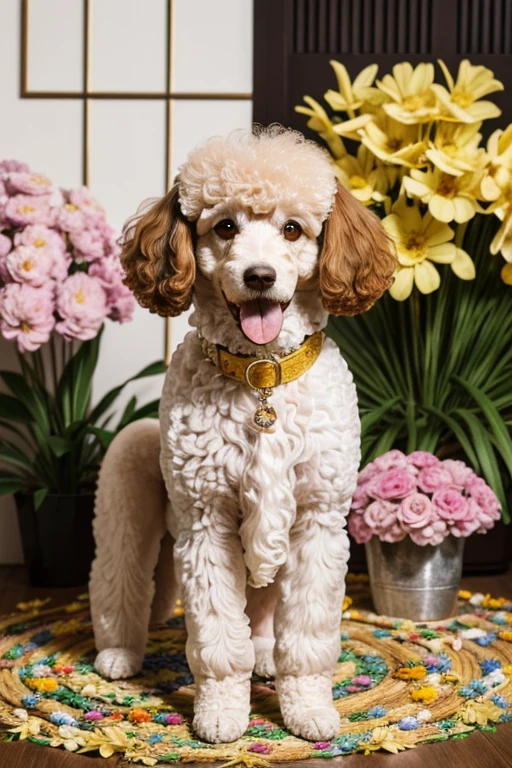  Photography from different angles, Dog looking in different directions, Moldura de Milhares de flores, dynamic photography, Close-up photo of a groomed Poodle with its mouth open and its tongue sticking out, brincando com rosas dentro da boca, Photograph frontal view close to half of the body of a small Poodle dog looking at the viewer coat color pink, white or yellow or colored, the Poodle is at the center of a handmade circle decorated with leaves and flowers of various colors and species, composing a realistic image of fantasy, mysteries and magical charms.
