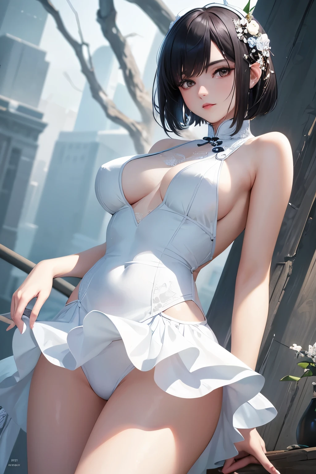 A Chinese girl, with short hair and gracefully wearing a white skirt, is depicted in this 2D, high definition image. Her features are rendered in exquisite detail, each line and curve carefully defined to bring out her unique charm. The white skirt flows softly around her, accentuating her slender figure and adding an ethereal quality to the image. The lighting is crisp and clear, highlighting the intricacies of her features and the subtle textures of her clothing. The overall effect is one of stunning realism and captivating beauty.