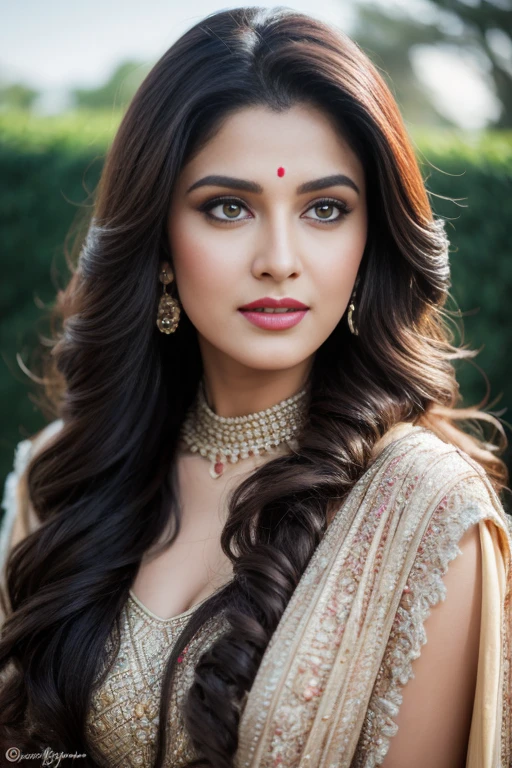 Portrait of Marathi actress "Bhabi" with long flowing hair, hazel eyes, with flowing capes, sitting in the park, perfect composition, hyperrealistic, super detailed, 8k, high quality, trending art, trending on artstation, sharp focus, studio photo, intricate details, highly detailed, art by greg rutkowski take a rose 🌹 in hand