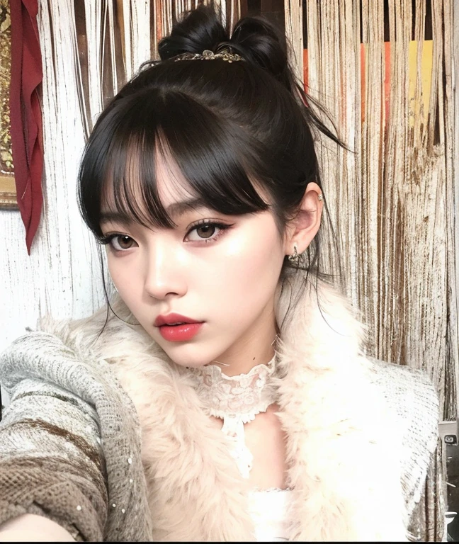 Araffe woman wearing a furry coat and red lipstick., she has black hair con flequillo, flequillo esponjoso, Lalisa Manobal, sol yunjoo, con flequillo, con flequillo completo, Lalisa Manoban de Blackpink, jossi de blackpink, jennie rosa negro, parque roseanne de blackpink, flequillo contundente cae sobre su frente, ulzzang