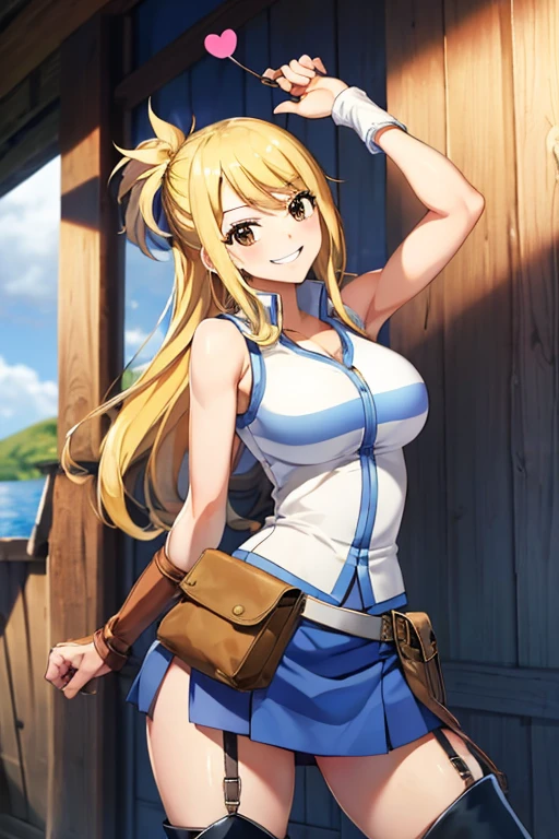 (masterpiece, best quality:1.2), solo, 1girl, lucy heartfilia, grin, looking at viewer, arms behind back, blue sleeveless shirt, miniskirt, belt pouch, thigh boots 、全身照