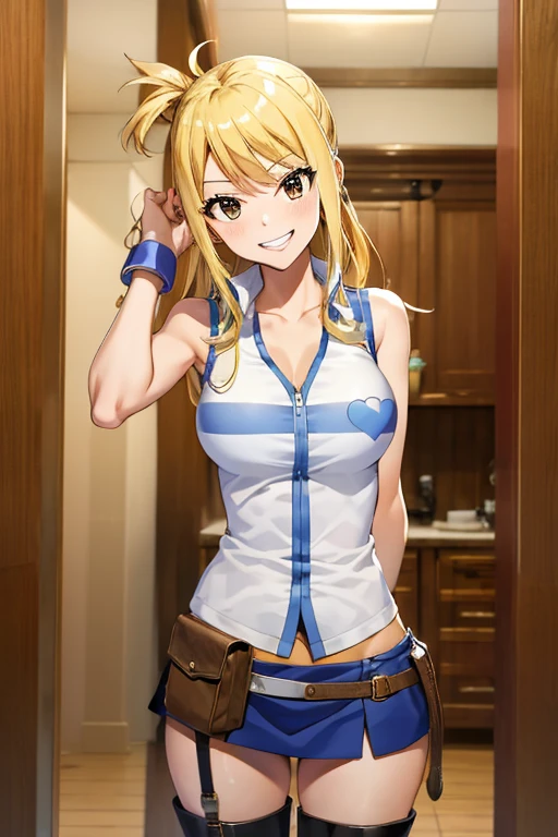 (masterpiece, best quality:1.2), solo, 1girl, lucy heartfilia, grin, looking at viewer, arms behind back, blue sleeveless shirt, miniskirt, belt pouch, thigh boots 、全身照