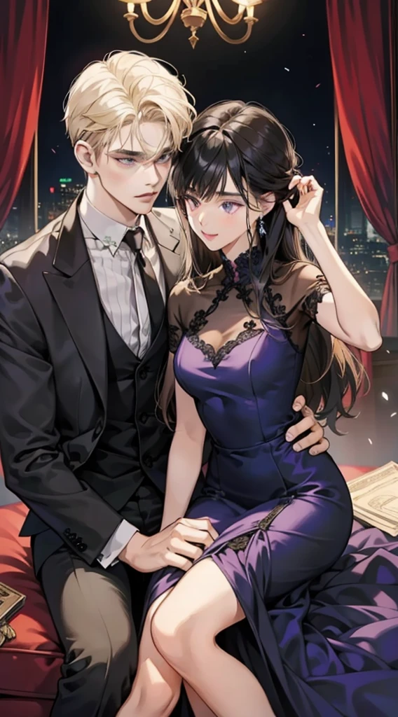 Couple, 1 girl 1 boy, different hair color, long black bang hair and purple eyes, short blonde hair and green eyes, romance, sit on the laps, face to face. elegant long dress
