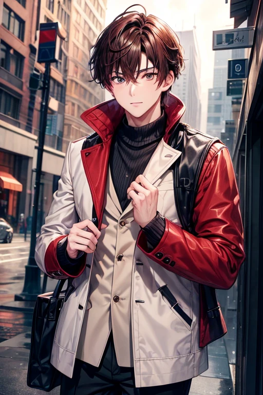 a handsome guy、20代の男性、Winter clothes、Brown-haired shorthair、red eyes、long sleeve、In the city where it rains、High resolution、In 8K、sharp focus、zoom、with the best image quality、highest quality