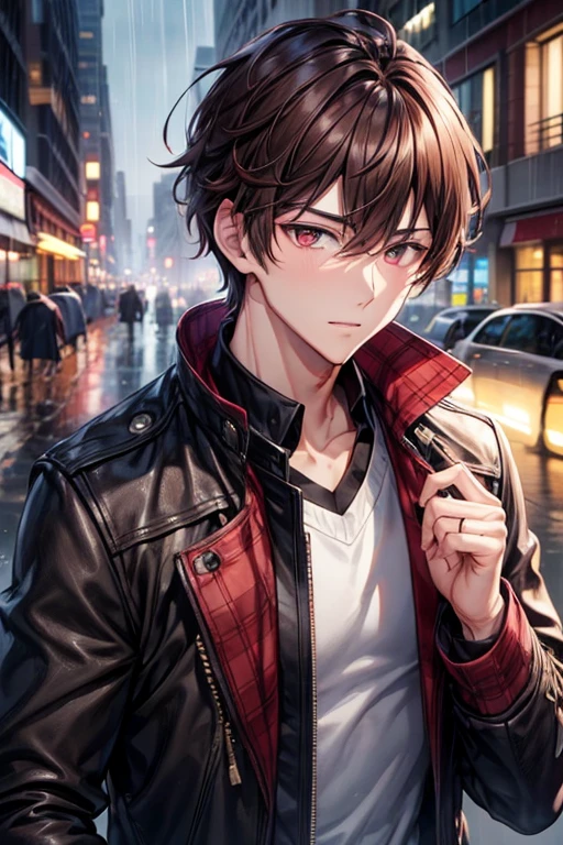 a handsome guy、20代の男性、Winter clothes、Brown-haired shorthair、red eyes、long sleeve、In the city where it rains、High resolution、In 8K、sharp focus、zoom、with the best image quality、highest quality