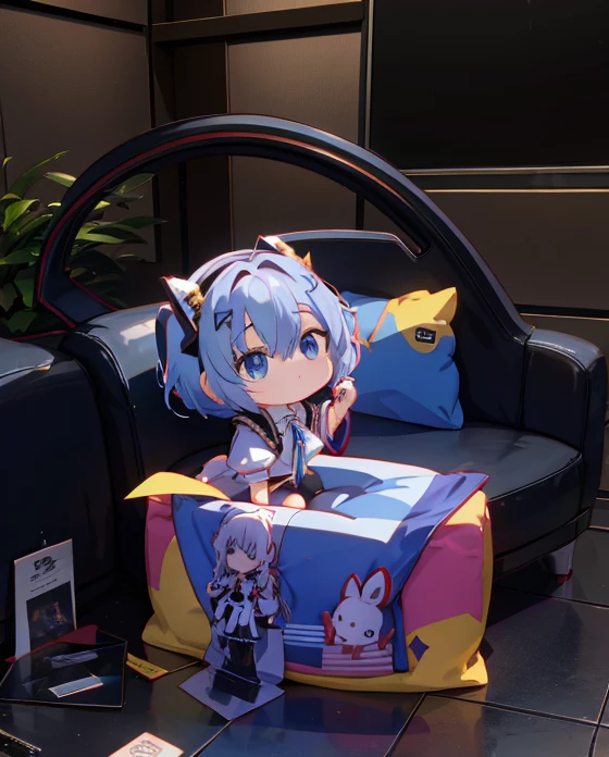 there is a stuffed animal con auriculares on sitting on a couch, anime peripheral, I will deny the matter, Rei Ayanami, con auriculares, con auriculares, ayanami, foto de perfil 1024px, Orejas de anime, 8k!, 4k!, de arknights, tiene auriculares, e-chica, and - girl, Estilo como Nendoroid