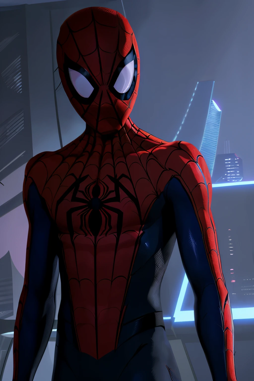 Spiderverse Style, 1boy, bodysuit, looking at viewer, male focus, mask, solo, spider web print, superhero, upper body, miles morales,