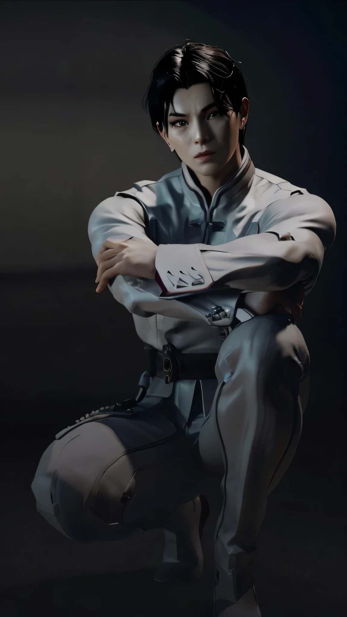 There is a man kneeling with his arms crossed, elegant Cinematic Pose, character pose, Unreal Engine Character Art, Cinematic Pose, As a character in Tekken, 3D Rendering Character Art 8K, Cinematic Full Character, Male characters, Dramatic serious pose, Fighting Game Characters, ghost in the shell(ghost in the shell)It was decorated as follows., cinematic lighting, character pose for concept art