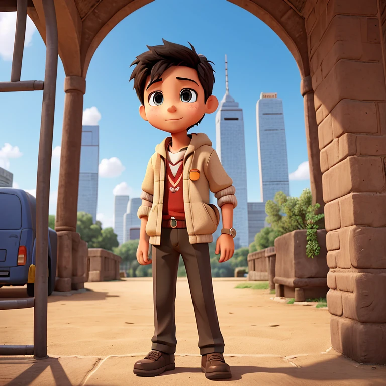 Illustrate 10 years old boy Amin full body continued on a journey to the City of Becoming, his eyes very steadfast and focus, emphasizing the challenges and adventures along the way.*