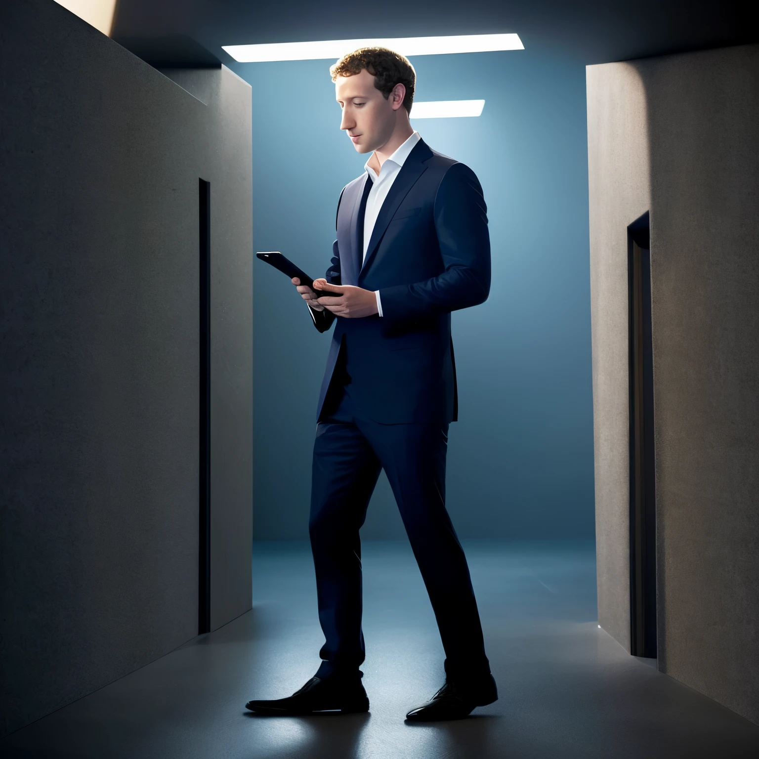 mark zuckerberg typing on his phone, standing, full body shot, side view, ultrarealistic, dark ambience