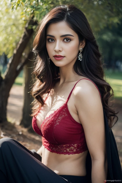 Portrait of Marathi actress "Blake blossom" with long flowing hair, hazel eyes, with flowing capes, sitting in the park, perfect composition, hyperrealistic, super detailed, 8k, high quality, trending art, trending on artstation, sharp focus, studio photo, intricate details, highly detailed, art by greg rutkowski, red bra or big ass