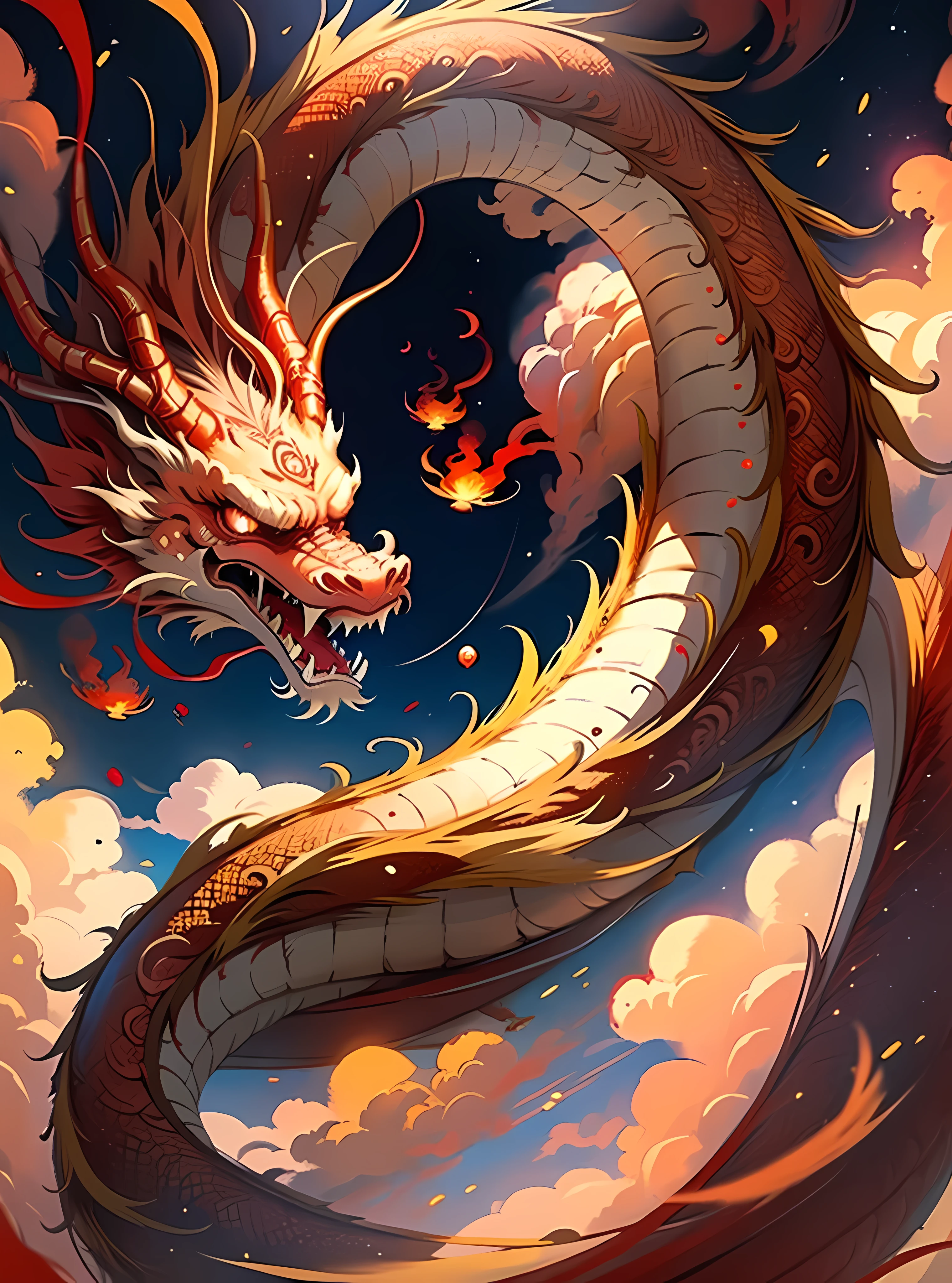 A Chinese red five-clawed dragon hovers in the sky，Below are the fireworks flying into the sky，super detailed，Surreal，illumination，masterpiece，best quality