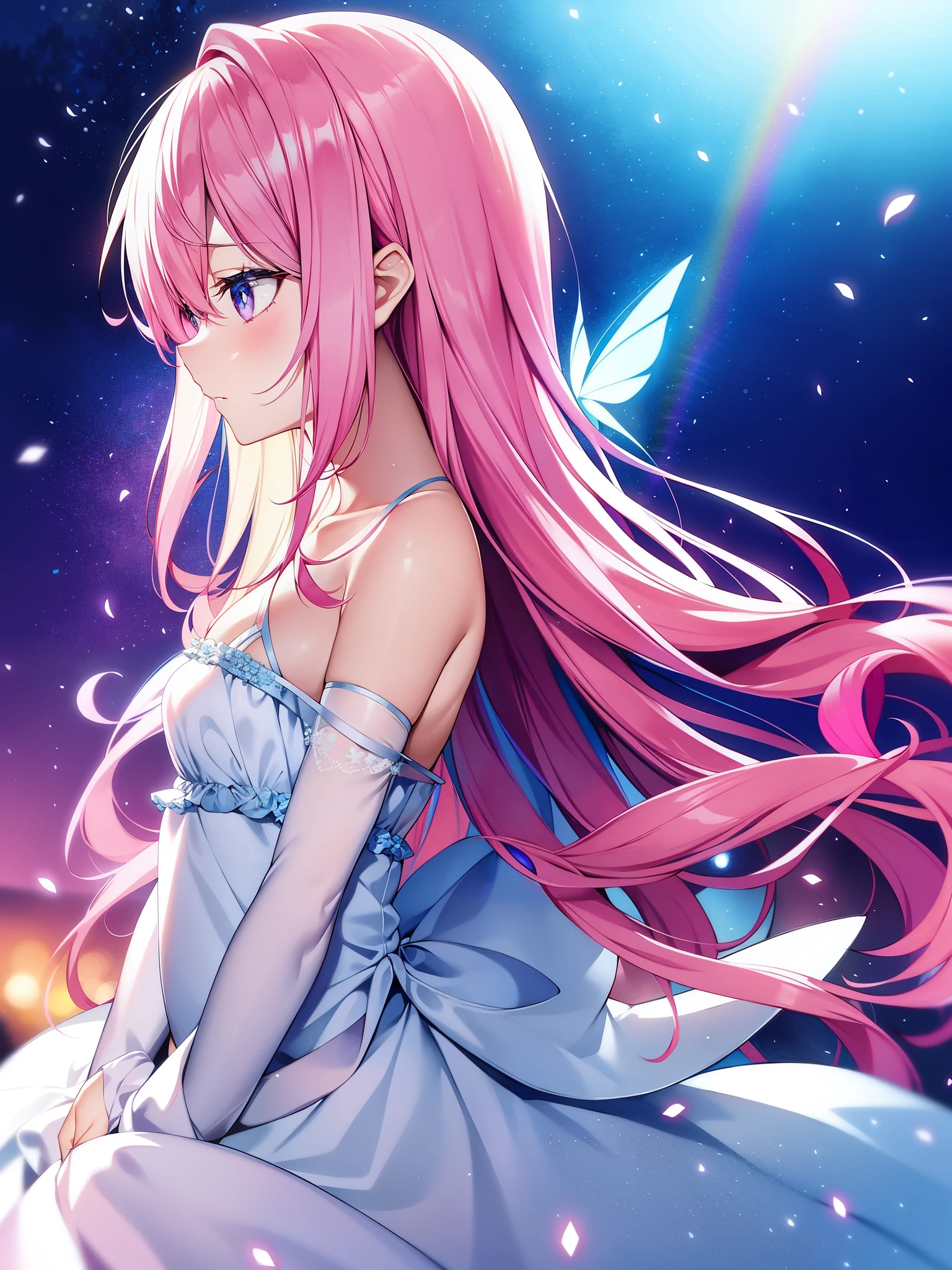pink hair and rainbow eyes、beautiful like a fairy、A sad expression that arouses love、profile、fluttering hair、particles of light、Glare、vivid、fancy、dream-like、dimmed atmosphere、