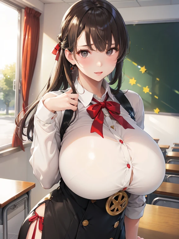 loose school uniform is sheer, button gap,(covered nipples:0.95),breasts,red white gold uniform,(side-tie peek:1.5),(button gap:1.5), white skirt, white top, red ribbon, golden buttons, golden shoulder pats, young adult, 19 years, brown half updo hair, brown eyes, beautiful brown eyes, big breast, striking body curves, horny smile, pink lips, girl, cute pose, masterpiece, classroom background, school