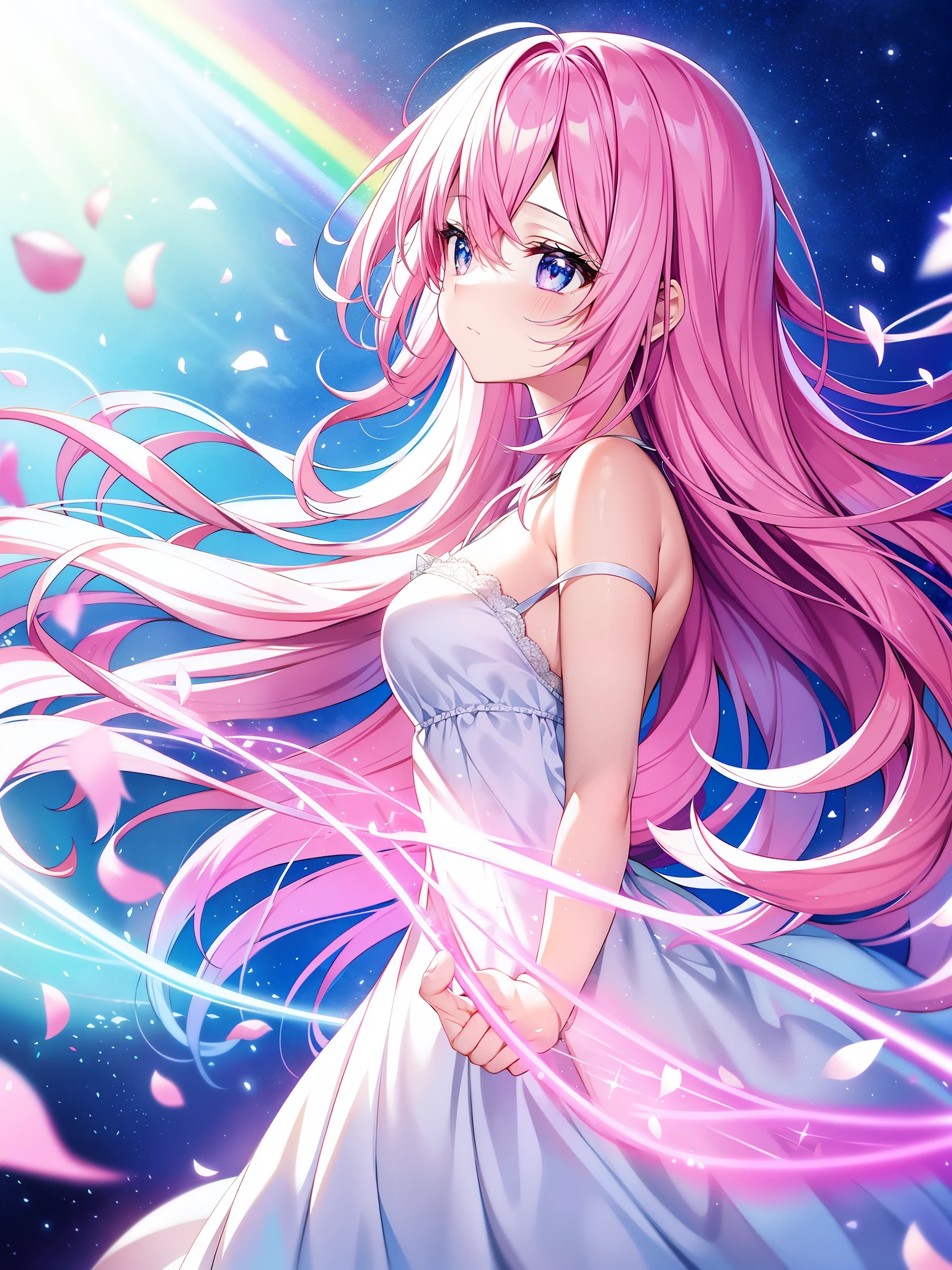pink hair and rainbow eyes、beautiful like a fairy、A sad expression that arouses love、profile、fluttering hair、particles of light、Glare、vivid、fancy、dream-like、dimmed atmosphere、