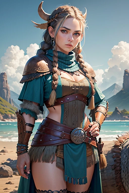 (Mujer vikinga:1.2), (ojos verdes:1.1),(Muscular),(Abrigo),(falda de piel),(Brown hair color:0.9),(peinado vikingo),(loose hair with small braids on the scalp), (top con correa de cuero) plumas, capa sobre el hombro, bufas, (azul, traje gris y marron:1.2), guerrero