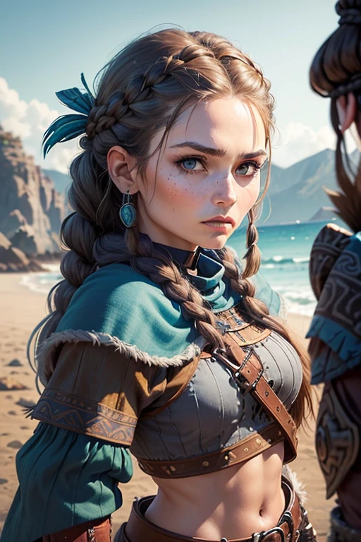 (Mujer vikinga:1.2), (ojos verdes:1.1),(Muscular),(Abrigo),(falda de piel),(Brown hair color:0.9),(peinado vikingo),(loose hair with small braids on the scalp), (top con correa de cuero) plumas, capa sobre el hombro, bufas, (azul, traje gris y marron:1.2), guerrero