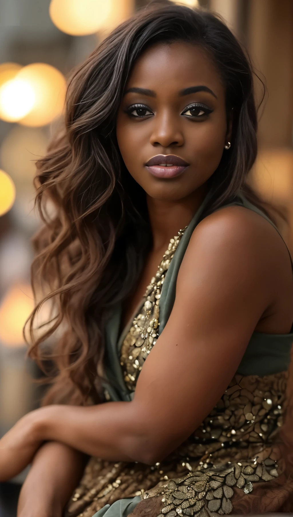 Illustrate a beautiful black Nigerian lady, full picture, curvy initial beauty that captivated the attention of the small town.