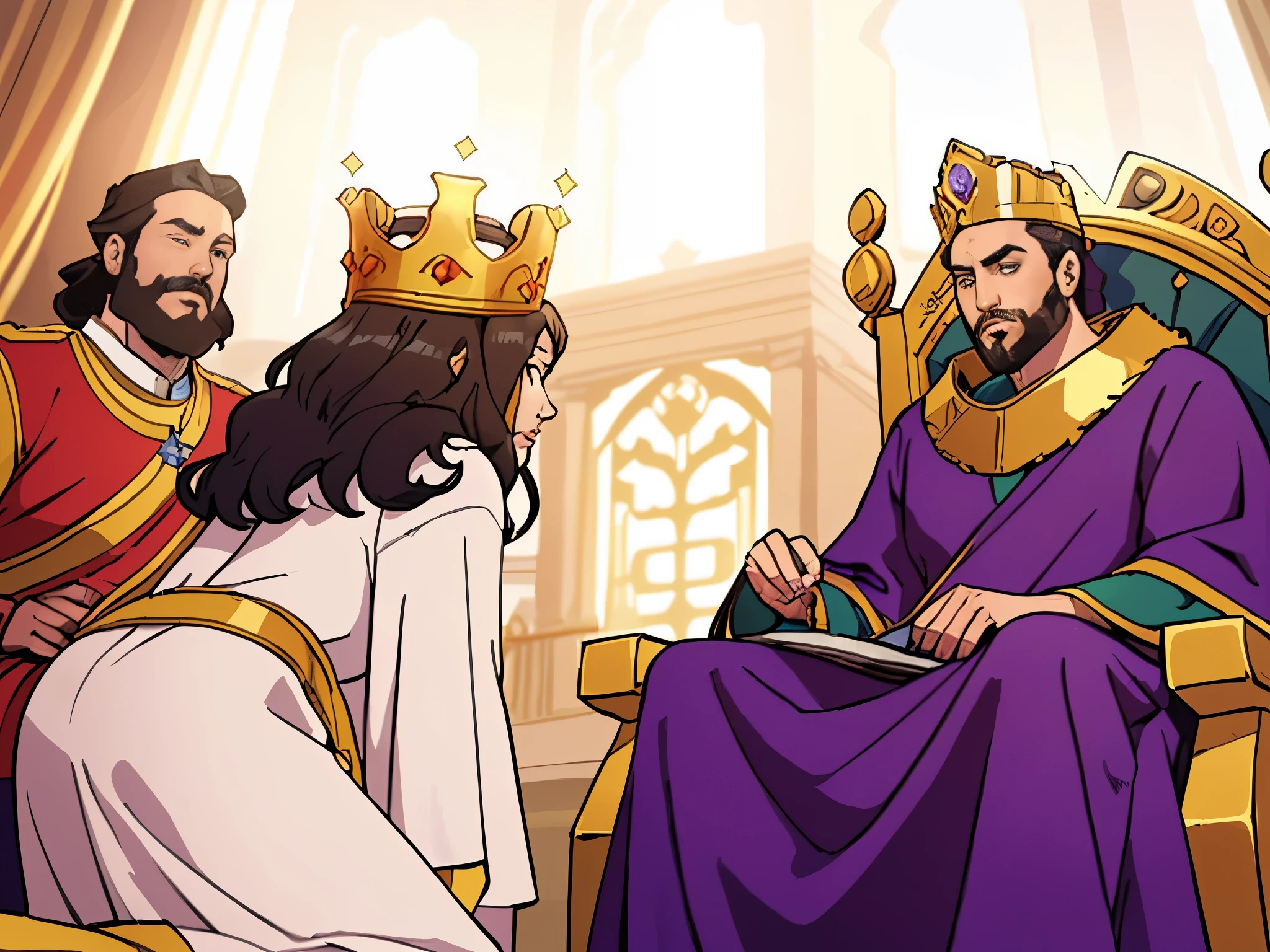 arafed image of a cartoon of a man and a woman sitting on a throne, granting him a noble title, celebrating a king being crowned, royal family during an argument, queen and ruler of the universe, sat in his throne, sitting on his throne, bible illustration, sitting on an royal throne, in a throne room, king's quest, official art, melhor qualidade, arte digital, detalhes do rosto, anime, historia em quadrinhos estilo marvel.