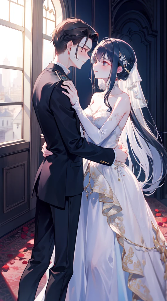 In the grand medieval ballroom, illuminated by the soft glow of flickering torches and adorned with intricate tapestries, a pair of lovers moved gracefully across the polished marble floor. The air was filled with the melodic strains of a minstrel's lute, weaving a tapestry of enchanting notes that seemed to embrace their every step.

He, a gallant knight with chiseled features and eyes as deep as the night sky, donned his finest attire—a velvety tunic adorned with golden threads and a polished suit of armor that gleamed under the gentle light. His gloved hand rested gently on her waist, his touch firm yet tender, as he guided her with practiced ease.

She, a vision of elegance and beauty, wore a gown that cascaded in waves of silk and satin, the color of midnight with accents of silver that shimmered like stardust. Her hair, adorned with delicate jewels and a single blooming rose, framed a face that radiated both innocence and passion. Her eyes locked onto his, sparkling with a mixture of devotion and desire.

As they danced, their steps were perfectly synchronized, a harmonious ballet of movements that spoke of an unspoken connection between their souls. The ballroom seemed to fade away, leaving only the two of them locked in a timeless embrace, swaying to the rhythm of their hearts' desires.

Around them, nobles and courtiers observed in hushed admiration, their whispers blending with the music like a soft breeze through the open windows. The lovers were the center of attention, yet in their shared world, they were the only ones that truly existed.

With each twirl and dip, their laughter mingled with the melody, a symphony of joy that echoed through the opulent chamber. Their love was a story written in every step, every glance, every touch—a story that transcended the constraints of time and place, a story that would be told for generations to come.