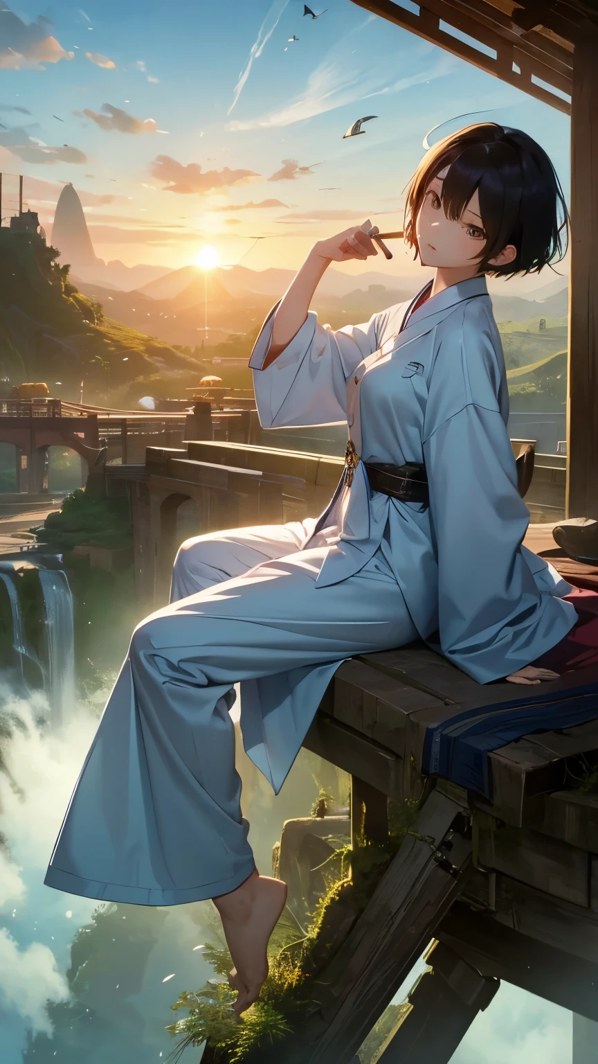 Yixin Zeng, A E Marty, Mysterious, surreal, bizarre, fantasy, Sci-fi, Japanese anime, flying bed, short-haired beautiful girl in pajamas, perfect voluminous body, African land, sunrise, detailed masterpiece