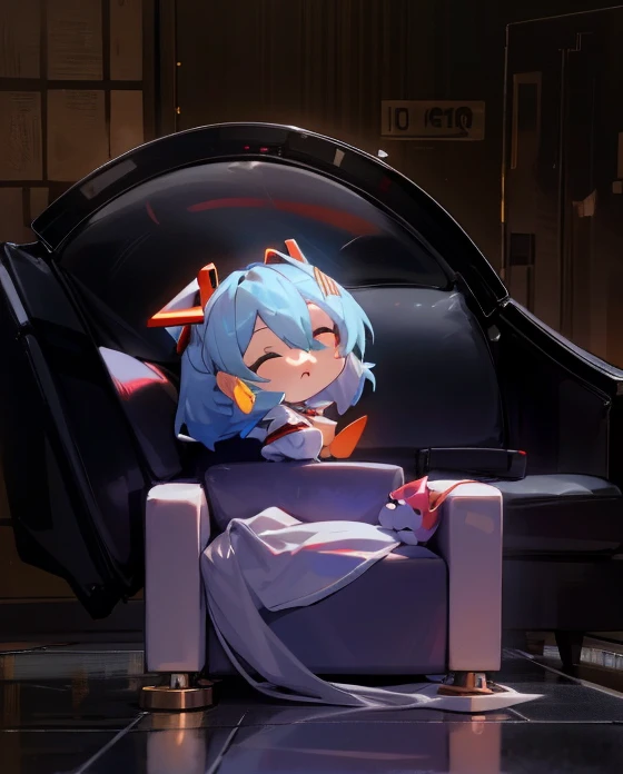 there is a stuffed animal con auriculares on sitting on a couch, anime peripheral, I will deny the matter, Rei Ayanami, con auriculares, con auriculares, ayanami, foto de perfil 1024px, Orejas de anime, 8k!, 4k!, de arknights, tiene auriculares, e-chica, and - girl, Estilo como Nendoroid