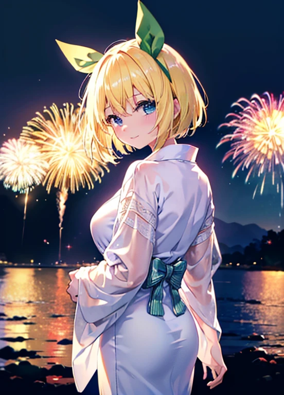 (masterpiece, highest quality, Detailed CG, beautiful and fine eyes, Super detailed, intricate details:1.2), 8k wallpaper, elaborate features,
(1 person, alone:1.4)Perfect cartoon illustration,(1 person, alone:1.4)
(realistic texture:0.8), High resolution, cute, (Bright colors, dynamic lighting:1.0), (high contrast:0.8),Nakano Yotsuba,Nakano Yotsuba The Bride of Fifths,blonde,short hair,Green ribbon,blue eyes,with a girl、big smile、beautiful skin、、Sparkler、Thin yukata、ability、fireworks in the night sky、skyrocket、The place is a fireworks display、Time is night、sunny day、turn around、So that the whole body goes into the illustration