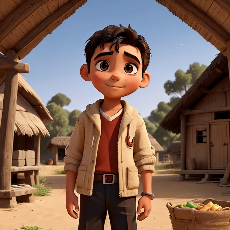 Create a contrasting image of 10 years old boy Amin politely declining the food, clothes and shelter that villagers' offers, showcasing his steadfast determination.*