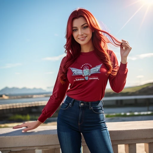 Hyper-realistic, highly detailed, Very cute female, bright red hair, green eyes, clothes black shirt, blue jeans, beautiful background. Smiling. 70mm lens