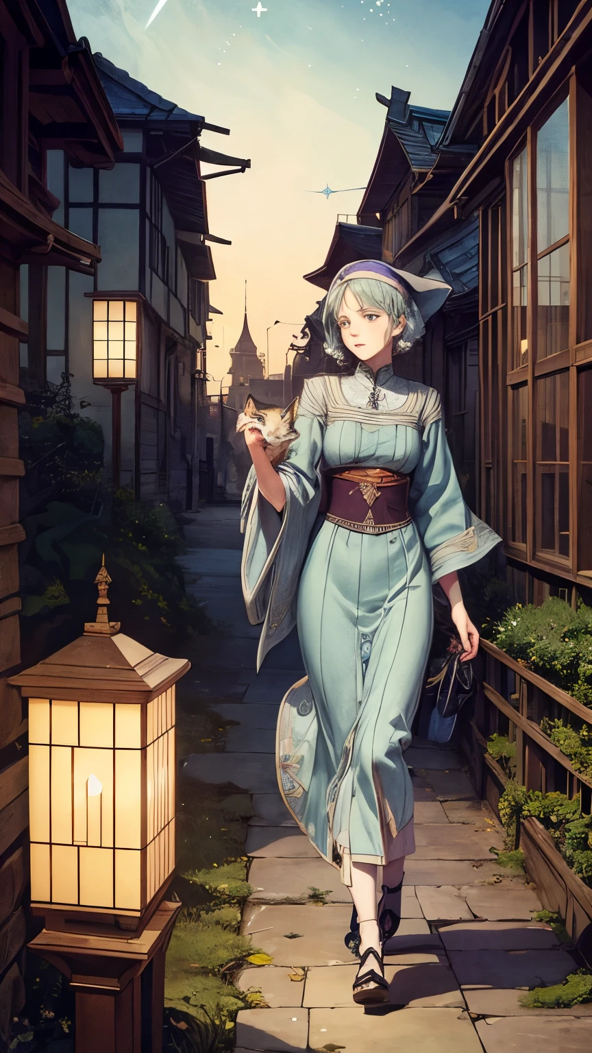 Anton Pieck, Sveta Dorosheva, Margaret Macdonald Mackintosh, Mysterious, Surreal, Extraordinary, Fantasy, Sci-fi, Japanese Anime, On a night when star fragments fall, Glass City, a beautiful girl in a miniskirt takes a walk with a cat, perfect voluminous body, detailed masterpiece bird’s eye view