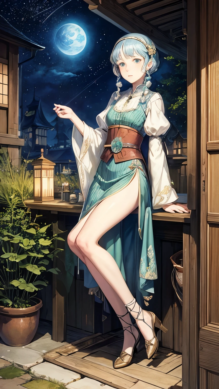 Anton Pieck, Sveta Dorosheva, Margaret Macdonald Mackintosh, Mysterious, Surreal, Extraordinary, Fantasy, Sci-fi, Japanese Anime, On a night when star fragments fall, Glass City, a beautiful girl in a miniskirt takes a walk with a cat, perfect voluminous body, detailed masterpiece bird’s eye view