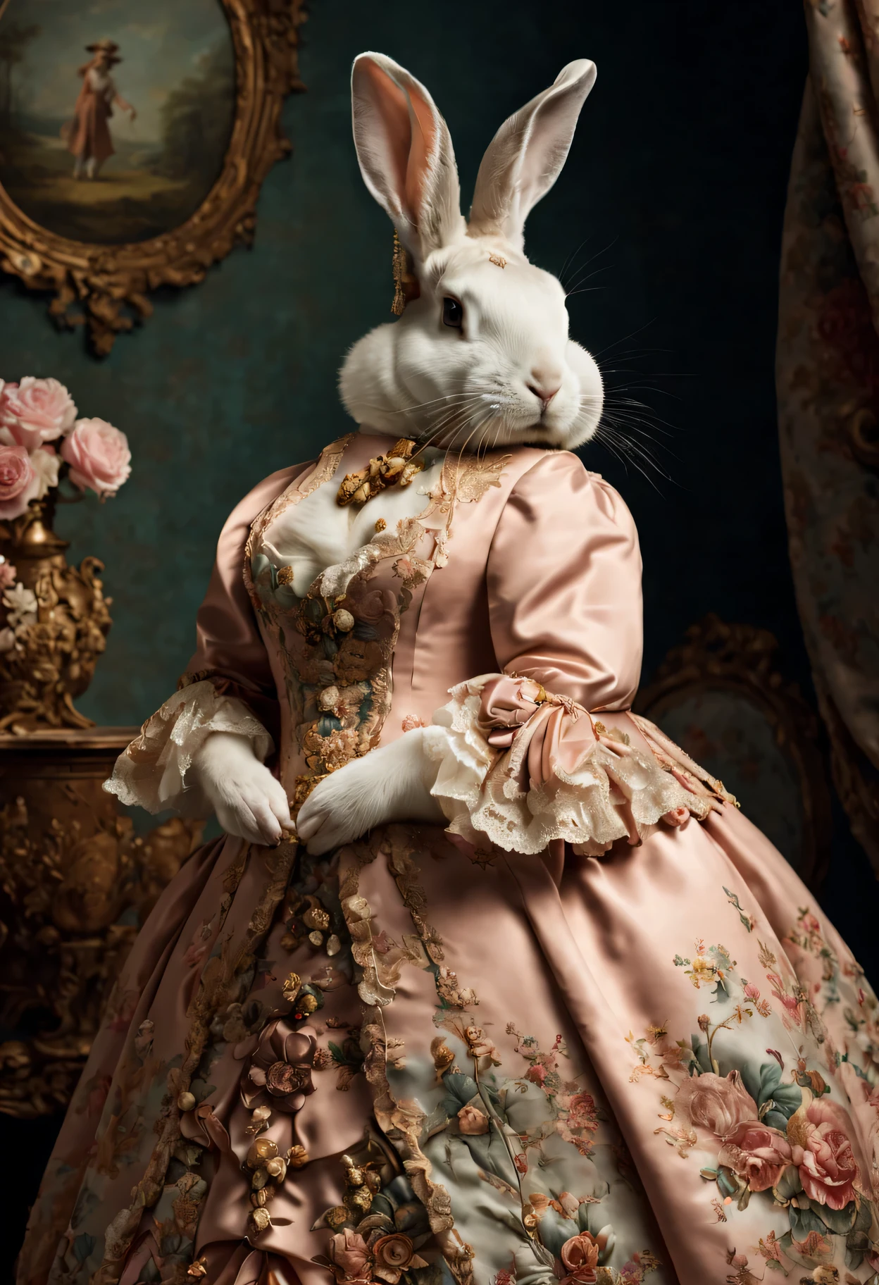 animal anthropomorphism of fat rabbit, (cowboy shot), Wearing luxury sack-back gown, Old-fashioned luxury dress, detailed and opulent description of a female aristocratic sack-back gown in Rococo style, emphasizing luxurious fabrics, intricate embroidery, and ornate accessories, Rococo style background