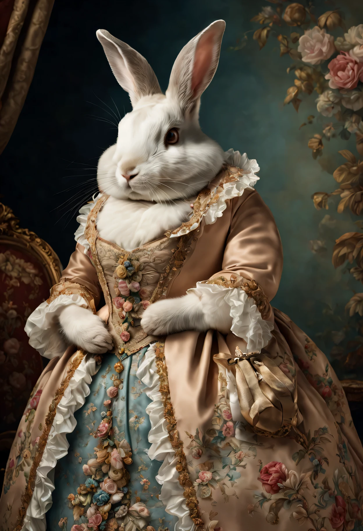 photorealistic portrait of Dressed animals - a fat rabbit aristocrat, (cowboy shot), Wearing luxury sack-back gown, Old-fashioned luxury dress, detailed and opulent description of a female aristocratic sack-back gown in Rococo style, emphasizing luxurious fabrics, intricate embroidery, and ornate accessories, Rococo style background