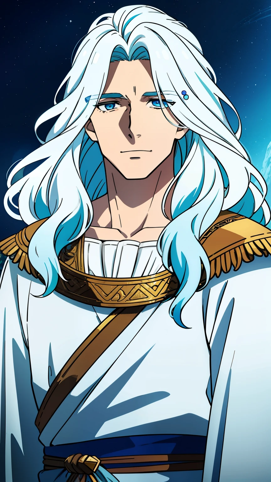 (high-quality, breathtaking),(expressive eyes, perfect face) 1male, male, solo, adult, medium length hair, white and ocean blue hair color, multicolored hair, white hair streaks, glowing hair, white strands in hair, ocean like hair, unkept hair, ocean blue eyes, positive expression, soft smile, cloak, shirt, fantasy mage clothing, adventurers attire, God of Freshwater, space background, portrait, upper body, magic, elegant, flowy wavy hair, father vibe, age 50's, Greek Clothing, Moon background
