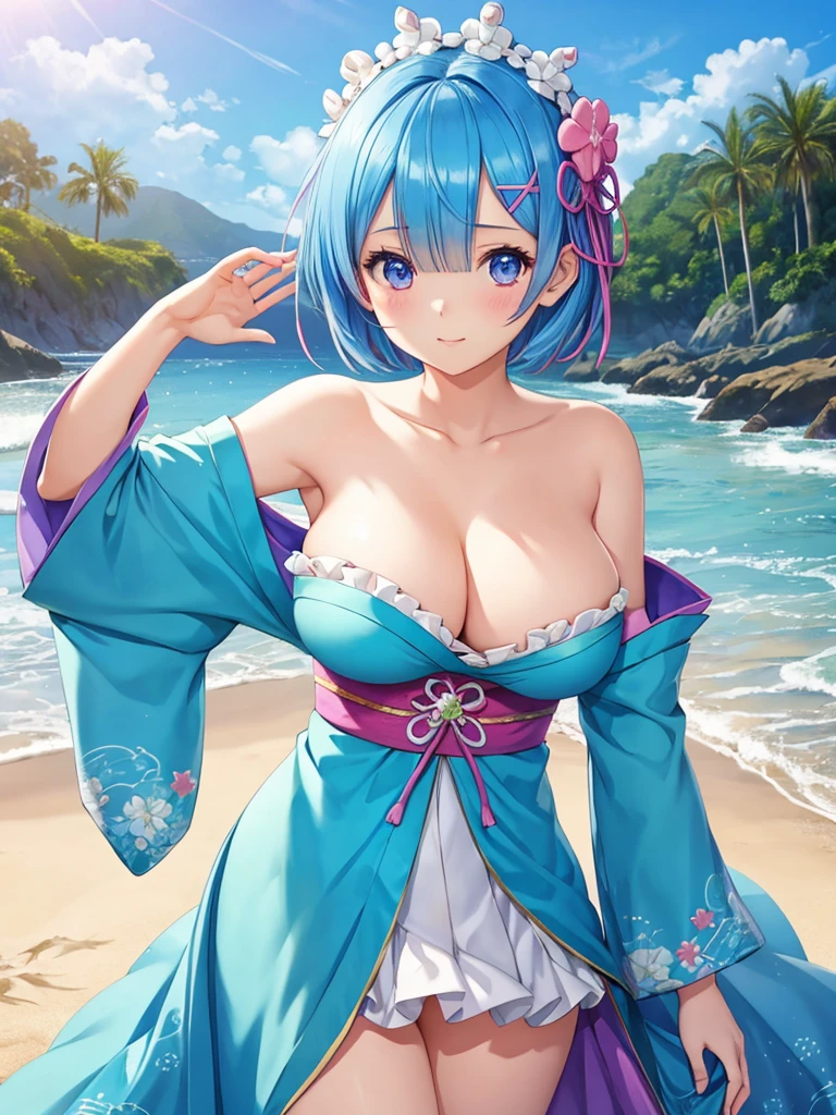 masterpiece, highest quality, Super detailed ,Rem,Re:zero,blue hair girl on the beach, cute face,cute,Charm女の子,short hair,  beautiful girl. detailed digital art, smooth CG art, kimono,Charm女の子, armpit, cute pose, beautiful breasts,big breasts,Charm,Ryukyu style,