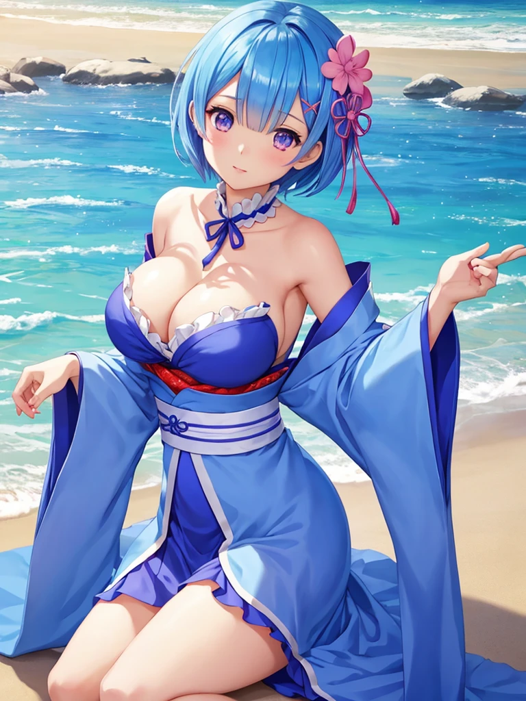 masterpiece, highest quality, Super detailed ,Rem,Re:zero,blue hair girl on the beach, cute face,cute,Charm女の子,short hair,  beautiful girl. detailed digital art, smooth CG art, kimono,Charm女の子, armpit, cute pose, beautiful breasts,big breasts,Charm,Ryukyu style,