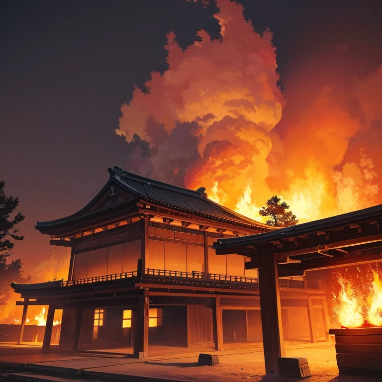 An ancient Japanese mansion covered in fire with plumes of smoke in the air