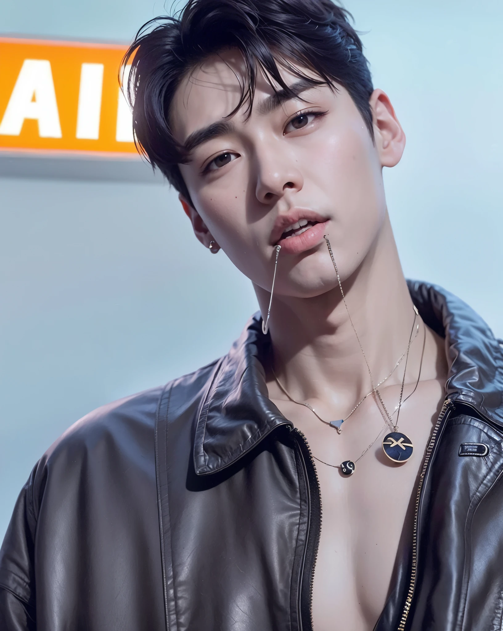 Asian man araffed with a leather jacket and a necklace., cai xukun, Jung Jaehyun, inspirado por Zhang Han, hyung tae, Jinyoung Shin, Siwoo Kim, kim doyoung, Won Bin Lee, inspirado en Bian Shoumin, sakimichan, pintar ulzzang, yanjun chengt, hombre surcoreano, hong junio hyung