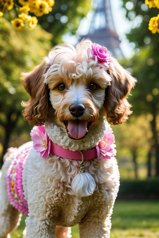  In the background, the beautiful Eiffel, beautiful sky and a radiant sun illuminating the environment, Photography from different angles, Dog looking in different directions, Moldura de Milhares de flores, dynamic photography, Close-up photo of a groomed Poodle with its mouth open and its tongue sticking out, brincando com rosas dentro da boca, Photograph frontal view close to half of the body of a small Poodle dog looking at the viewer coat color pink, white or yellow or colored, the Poodle is at the center of a handmade circle decorated with leaves and flowers of various colors and species, composing a realistic image of fantasy, mysteries and magical charms.
