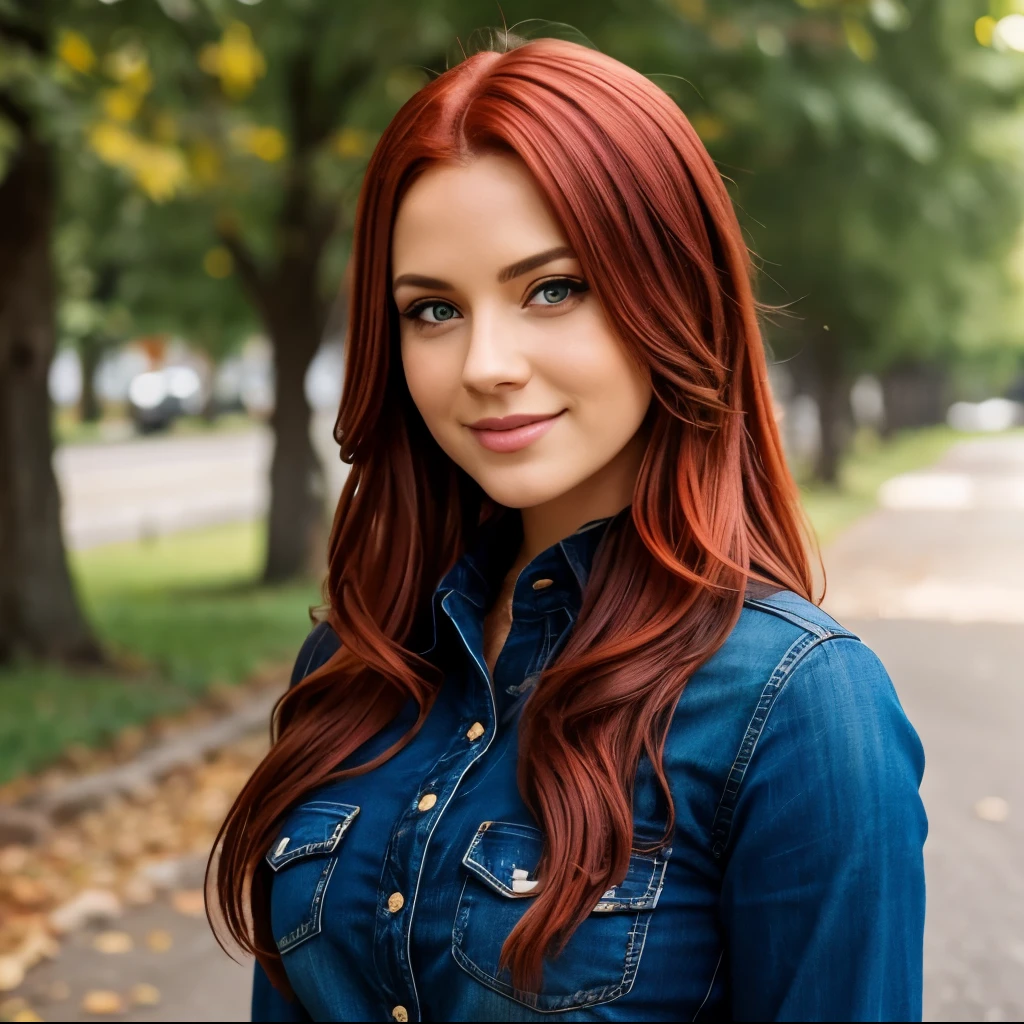 Hyper-realistic, highly detailed, Very cute female, bright red hair, green eyes, clothes black shirt, blue jeans, beautiful background. Smiling. 70mm lens