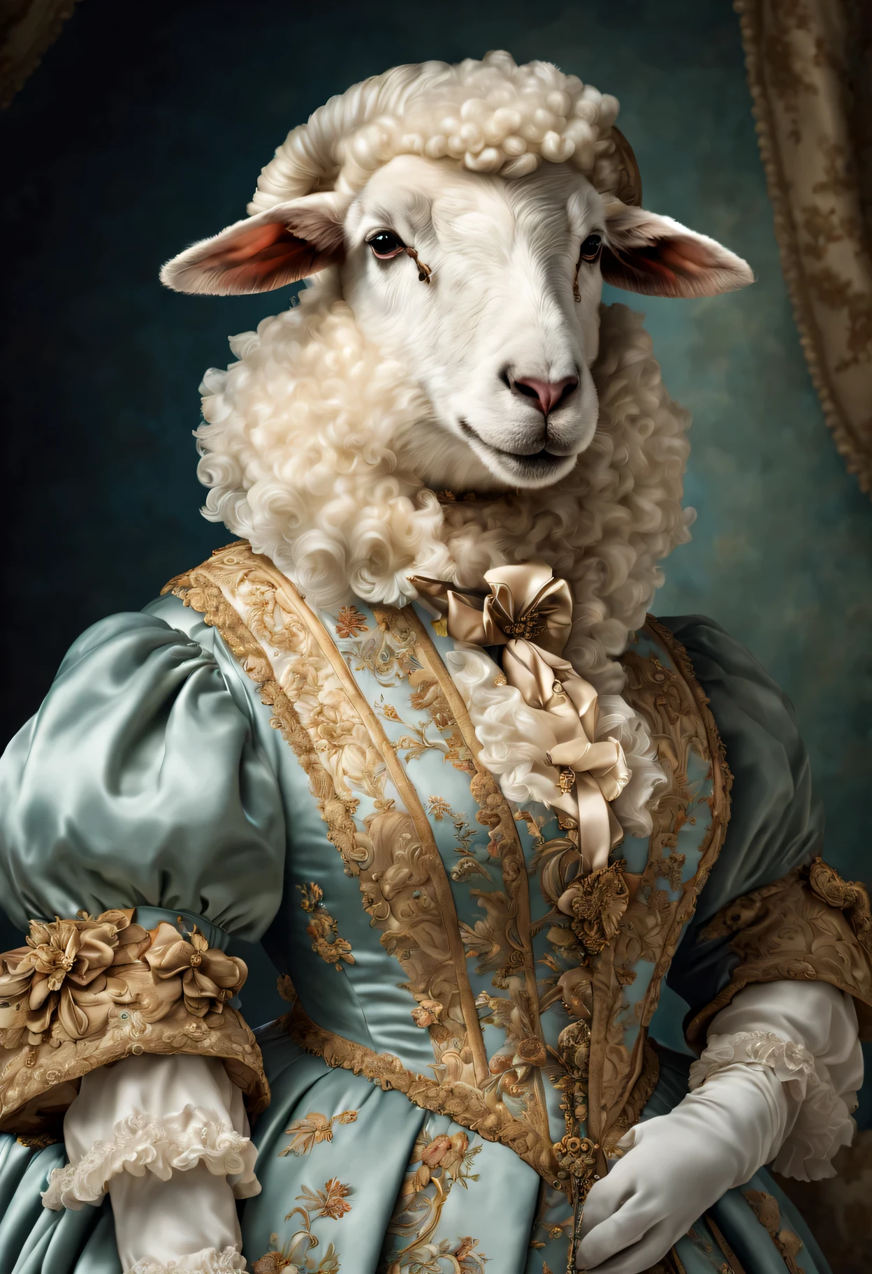 photorealistic portrait of Dressed animals - a fat sheep aristocrat, anthropomorphism of sheep,(cowboy shot), Wearing luxury sack-back gown, Old-fashioned luxury dress, detailed and opulent description of a female aristocratic sack-back gown in Rococo style, emphasizing luxurious fabrics, intricate embroidery, and ornate accessories, Rococo style background