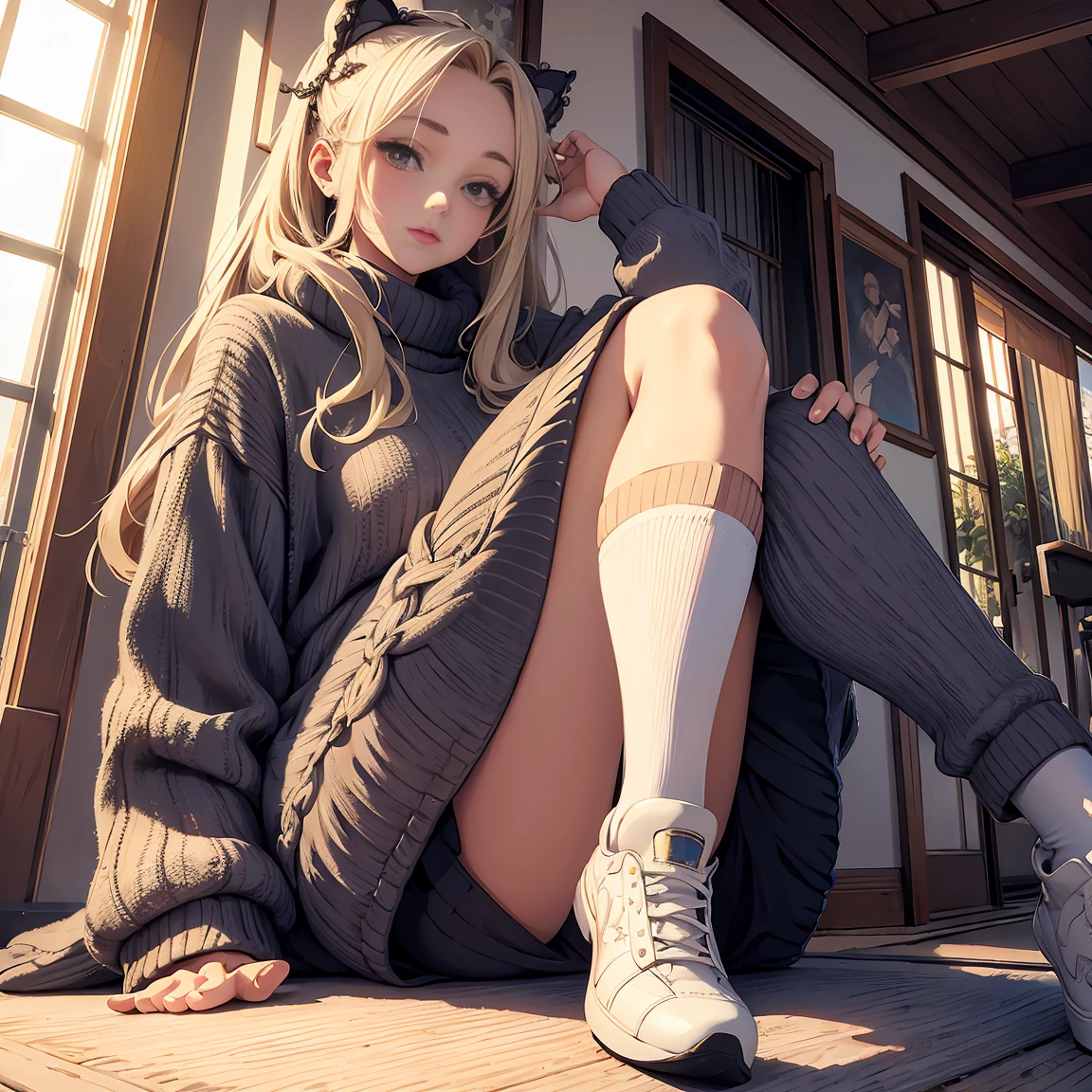 ((masterpiece, highest quality)), detailed face, 1 female, Full body Esbian, Full of details, Tokyo, very detailed, depth, beautiful girl,sweater,oversized clothing, knee high socks, High Balance, sun,Natural light,pastel colour
