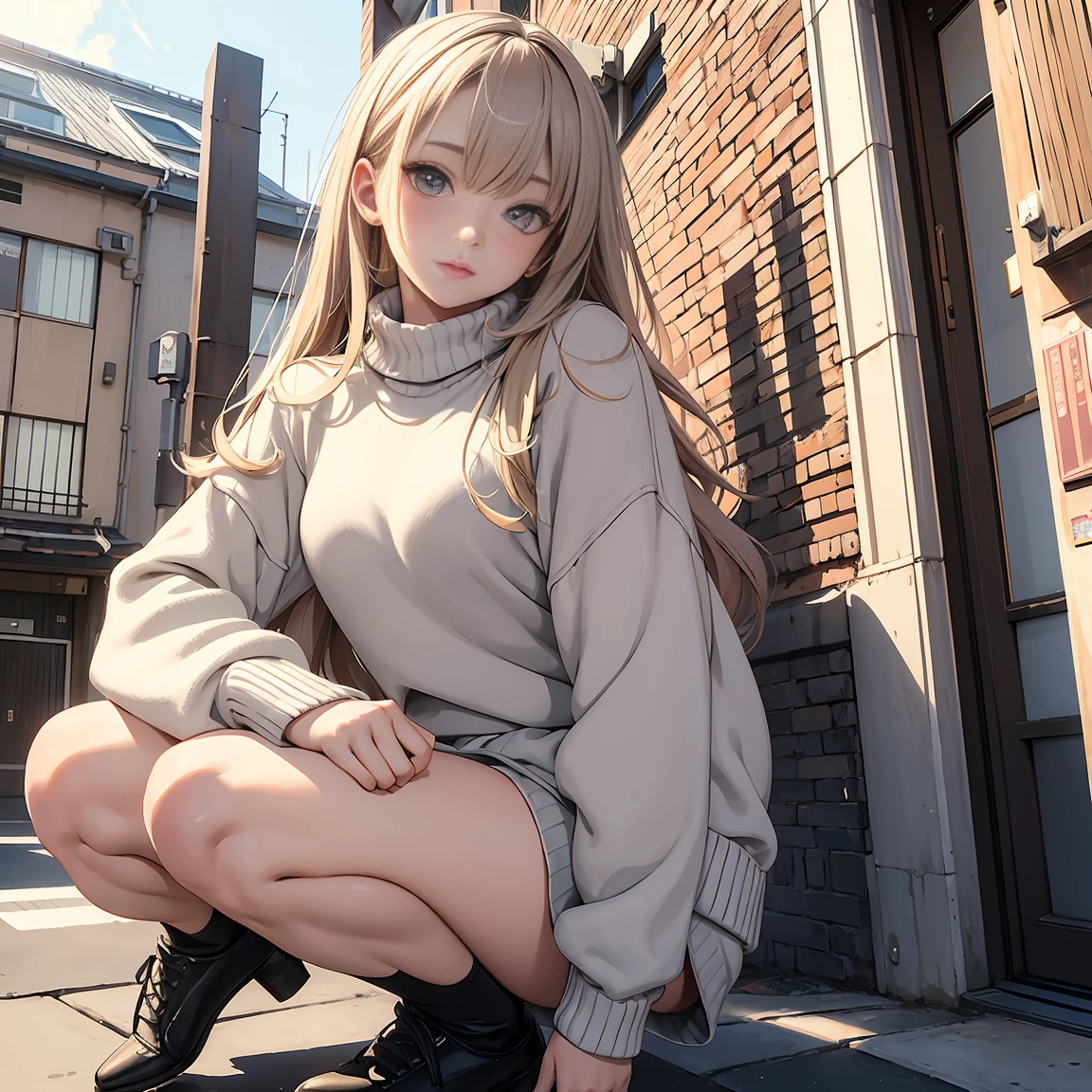 ((masterpiece, highest quality)), detailed face, 1 female, Full body Esbian, Full of details, Tokyo, very detailed, depth, beautiful girl,sweater,oversized clothing, knee high socks, High Balance, sun,Natural light,pastel colour