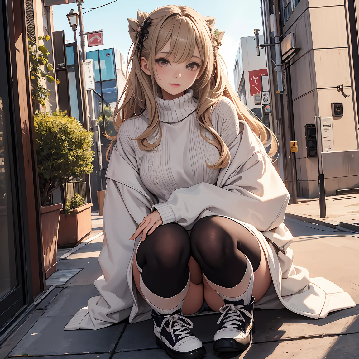 ((masterpiece, highest quality)), detailed face, 1 female, Full body Esbian, Full of details, Tokyo, very detailed, depth, beautiful girl，sweater，oversized clothing, knee high socks, High Balance, sun，Natural light，pastel colour