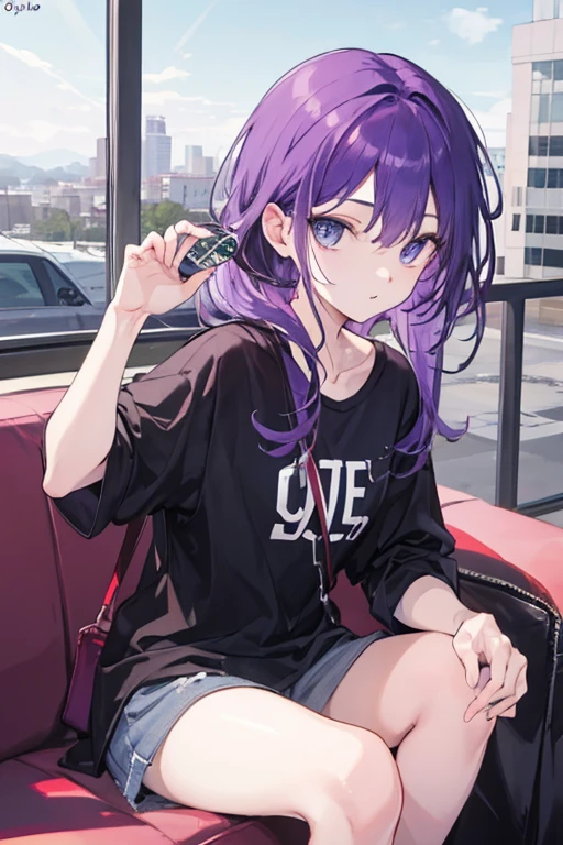 Uma foto de corpo inteiro de uma 2d com cabelos roxos, com um top e uma calsa cargo, olhos roxo, with a casual pose and long, purple hair, city style