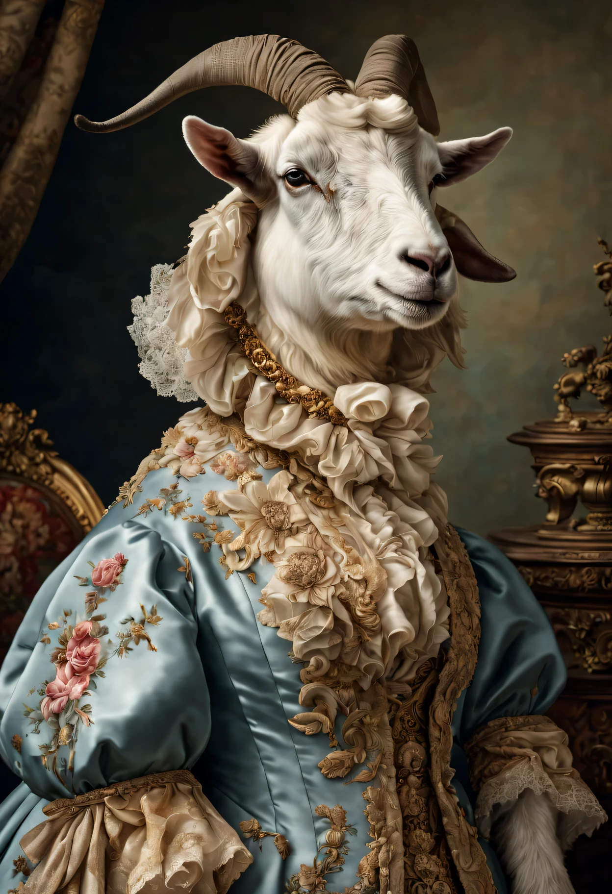photorealistic portrait of Dressed animals - a fat goat, anthropomorphism of goat, (cowboy shot), Wearing luxury sack-back gown, Old-fashioned luxury dress, detailed and opulent description of a female aristocratic sack-back gown in Rococo style, emphasizing luxurious fabrics, intricate embroidery, and ornate accessories, Rococo style background